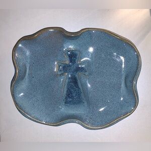 Blue Cross Embossed Soap Trinket Dish Handmade Pottery